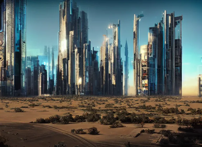 Prompt: a huge glass box with a cyberpunk city hidden inside, in the desert, photo realism, f / 1. 9 6. 8 1 mm iso 4 0