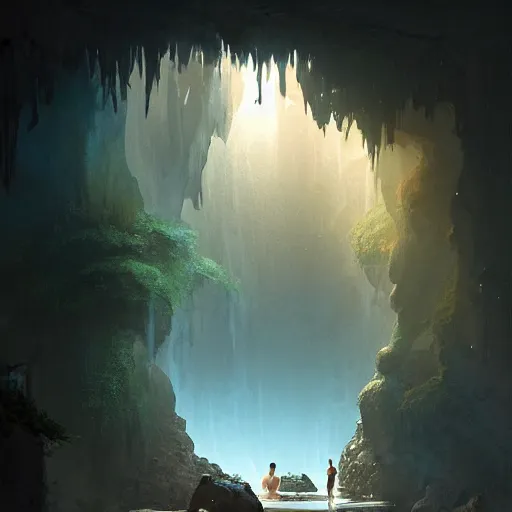 Image similar to cozy, empty hotspring hidden in a cave, candlelight, towels, cushions, natural light, lush plants and flowers, elegant, smooth cave rock, fantasy, atmospheric lighting, digital painting, Greg Rutkowski concept art