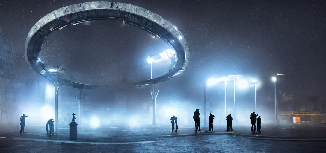 Prompt: policemen protect a huge spiral - shaped luminous object right in the center of the city from protesting crawd, night, rain and light fog, professional lighting, concept art in 3 d, high detail, professional lighting