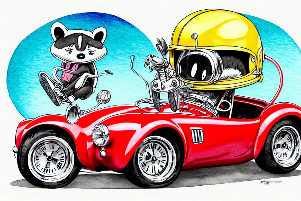 Prompt: cute and funny, racoon wearing a helmet riding in a 1 9 6 5 shelby cobra with an oversized engine, ratfink style by ed roth, centered award winning watercolor pen illustration, isometric illustration by chihiro iwasaki, edited by range murata, tiny details by artgerm and watercolor girl, symmetrically isometrically centered, sharply focused