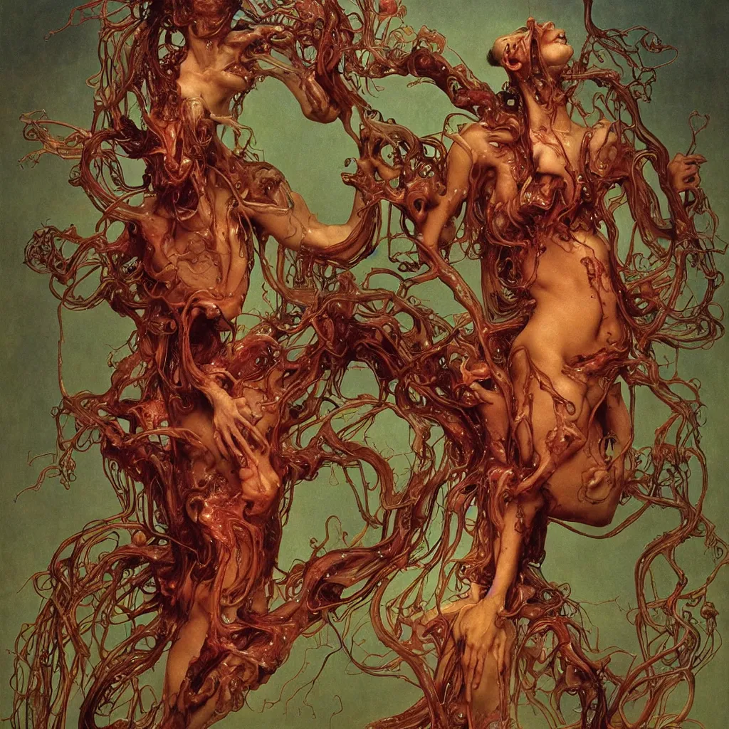 Image similar to epic photorealistic photograph of a grotesque veiny glossy wet gory nightmare fungus demon god. uhd, amazing depth, cinematic lighting, levitating floating fungus god with arms outstretched. by thomas blackshear and alphonse mucha.