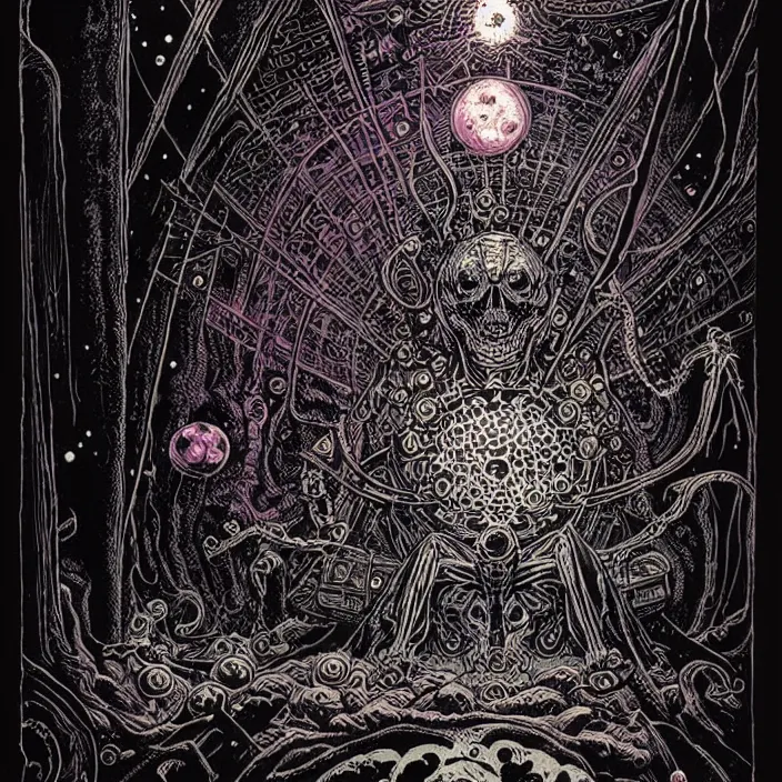 Image similar to black paper + tarot card + eldritch god, vintage detailed sci - fi illustration designed by marc simonetti and mike mignola + psychedelic black light style + intricate ink illustration + symmetry + bloodborne