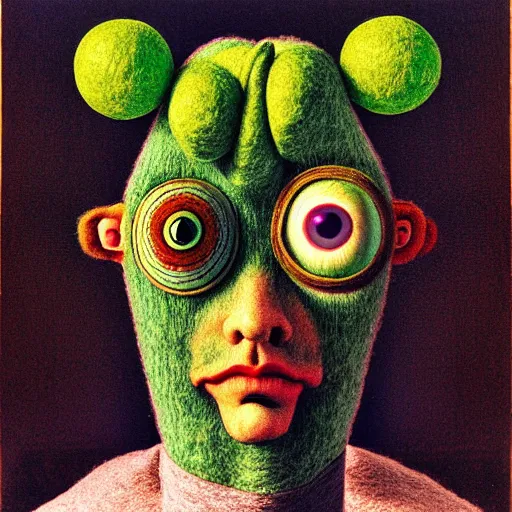 Prompt: portrait photo of a wool sock with giant eyes, face made from bright dreams, extremely high details, realistic, by MC Escher and Rene Margitte and Giuseppe Arcimboldo