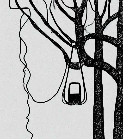 Prompt: a detailed illustration of a sad rubber tire hanging from a tree by a noose, somber introspective satire