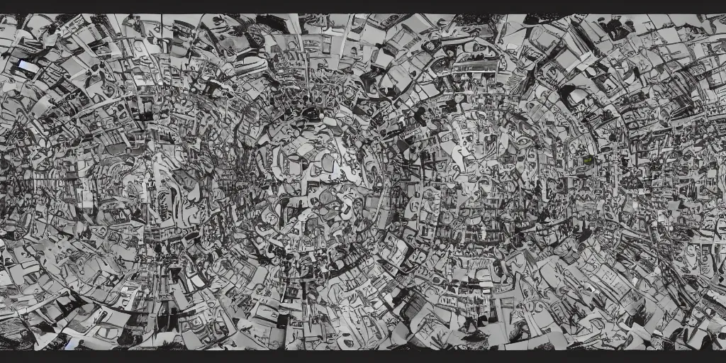 Prompt: gradient pattern of escher style 3 6 0 panorama with hieronymus bosch style bubble