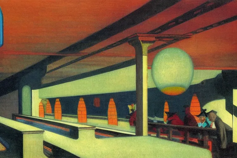 Prompt: 1920s cinematic aerial view of decorated surrealist cozy art deco secret underground bowling alley by Edward Hopper, the moon casts long exaggerated shadows, crystalline light rays refract dust, cool blacklight hue, impressionst oil painting on wood, big impressionist oil paint strokes, ukiyo-e print, japanese woodblock, aerial view