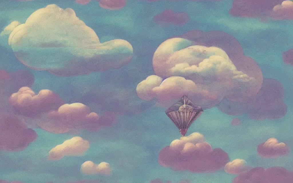 Image similar to streampunk dirigible floating between swirling clouds. pastel colors. haze.