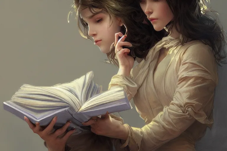 Prompt: a girl reading a book, detailed hands, detailed fingers, insane, intricate, highly detailed, digital painting, artstation, concept art, smooth, sharp focus, illustration, unreal engine 5, 8 k, art by artgerm and greg rutkowski and alphonse mucha