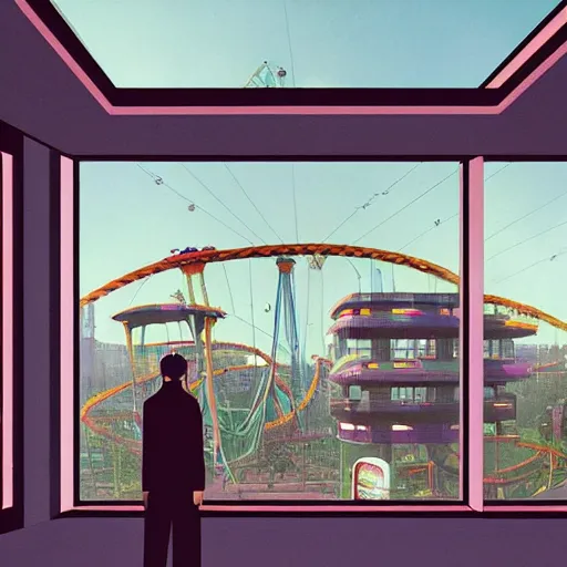 Image similar to a man standing in a futuristic penthouse apartment looking out onto an endless horror amusement park, artwork by simon stalenhag