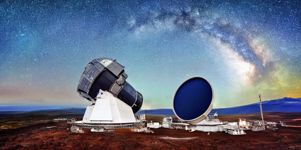 Prompt: huge telescope on mauna kea, big telescope in front, starry sky in background, blue color scheme, wide - angle lens, by hiroshige utakawa