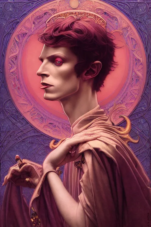 Prompt: edmund dulac, leyendecker, greg hildebrandt, highly detailed portrait, lovely magical goddess feminine david bowie, pink, art nouveau, stephen bliss, unreal engine, by greg rutkowski, loish, ferdinand knab, ilya kuvshinov, rossdraws, tom bagshaw, alphonse mucha, global illumination, radiant light, intricate environment