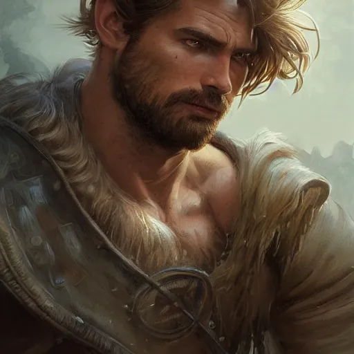Prompt: portrait of a young, ruggedly handsome ranger, soft hair, muscular, half body, hairy, d & d, fantasy, intricate, elegant, highly detailed, digital painting, artstation, concept art, smooth, sharp focus, illustration, art by artgerm and greg rutkowski and alphonse mucha