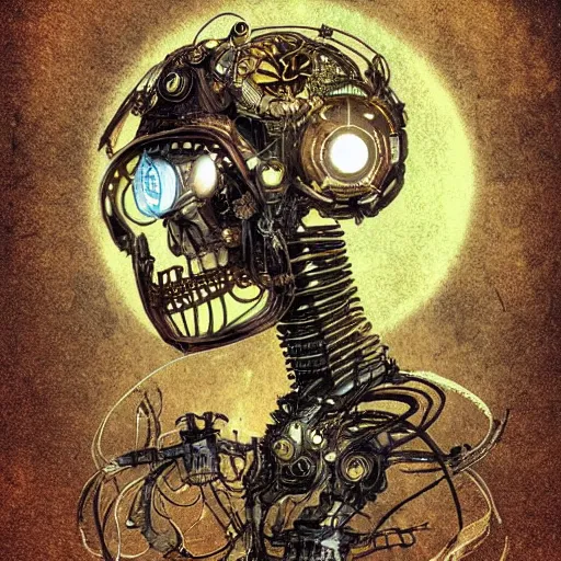 Image similar to firefly sentient robot covered in filigree, skull, steampunk, digital art, concept art, bokeh, intricate, watercolor, high contrast