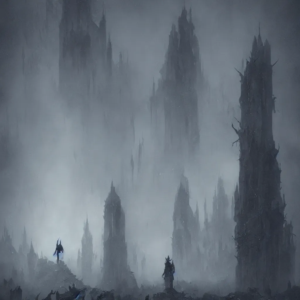 Prompt: devil, scary, magical area, foggy area, by greg rutkowski, sharp focus, man standing, tower