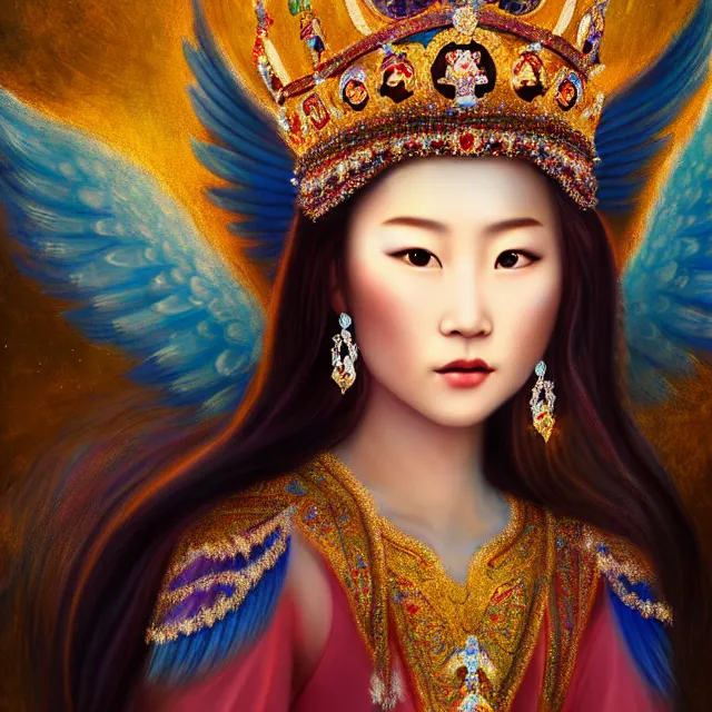 Prompt: beautiful asian mongolian princess goddess with angelic wings in a sensual pose, princess wearing a crown with gemstones, near lake baikal, atmospheric lighting, painted, intricate, volumetric lighting, beautiful, rich deep colours masterpiece, sharp focus, ultra detailed, in the style of bagshaw tom