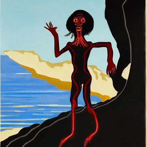 Image similar to A beautiful body art of a human-like creature with long, stringy hair. The figure has no eyes, only a mouth with long, sharp teeth. The creature is standing on a cliff overlooking a dark, foreboding sea. by Jacob Lawrence, by Angus McKie serene