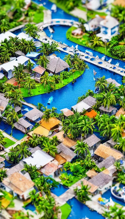 Prompt: fishing village, palm trees, stormy water, isometric view, tilt shift, highly detailed, hyper realistic, 1 0 0 mm