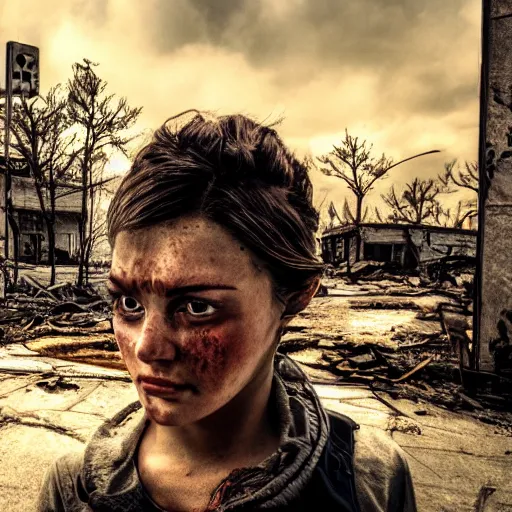 Image similar to pretty face, wide angle lens, photorealistic, 4k, background of destroyed city post apocalyptic, steakpunk, soft lighting, portrait