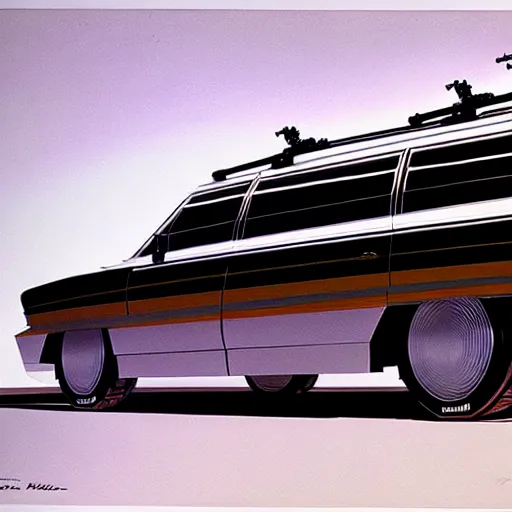 Image similar to concept art for a station wagon covered in mounted guns, painted by syd mead, high quality