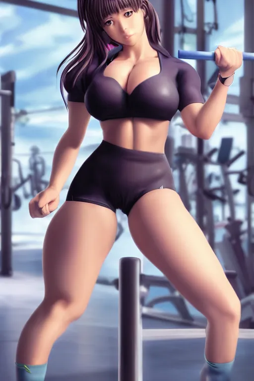 Prompt: photorealistic 3 d render of of an impossibly curvy anime girl wearing a gym outfit, by artgerm and earl norem, featured on pixiv, booru, exaggerated proportions, high resolution digital art, 4 k, beautiful symmetric face, subsurface scattering, volumetric lighting, realistic skin texture