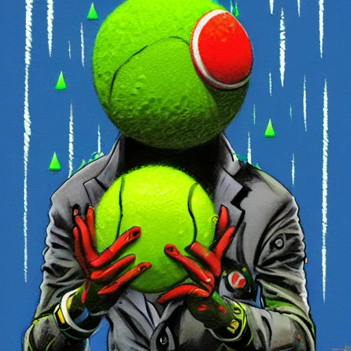 Prompt: a tennis ball monster ,tennis ball, rain, chalk, digital art, fantasy, magic, trending on artstation, ultra detailed, professional illustration by Basil Gogos