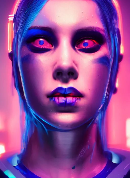 Prompt: a woman with blue makeup and a futuristic outfit, cyberpunk art by maciej kuciara, featured on behance, digital art, neon, glowing neon, futuristic