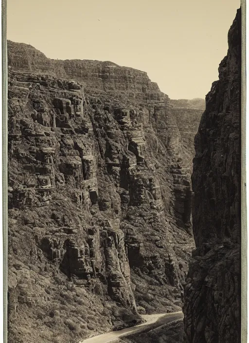 Prompt: Overlook of a gorge with steep rocky slopes covered with sparse desert trees , albumen silver print by Timothy H. O'Sullivan.