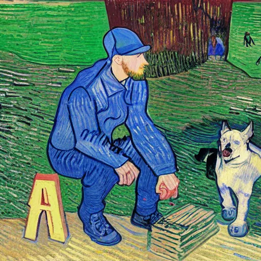 Image similar to Eminem with a dog plays with wooden blocks at Central Park painting by van gogh