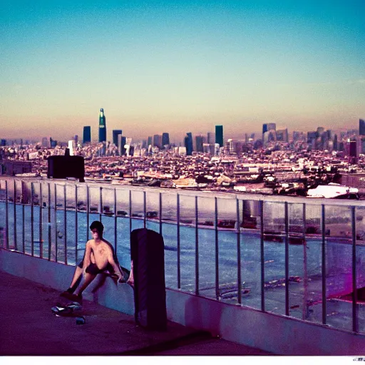 Prompt: ryan mcginley photograph, leica s, kodachrome, rooftop, los angeles, moon, downtown, echo park, lake, swans, landscape, cigarette