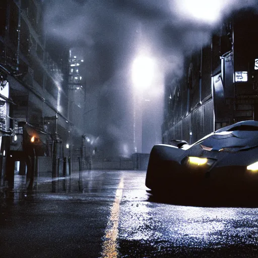 Prompt: michael bay, batman, jerry bruckheimer, batmobile, moody, foggy, rainy, suit, cape, fuji film, kodak, alleyway, batmobile, dark knight, the bat, redshift