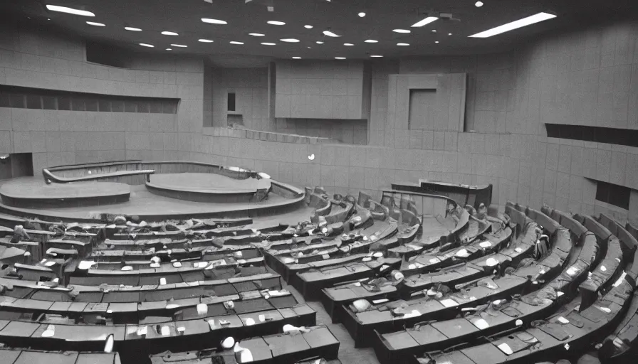 Image similar to 60s movie still of a sovietic stalinist style empty parlement, cinestill 800t 50mm eastmancolor, liminal Space style, heavy grain-s 150