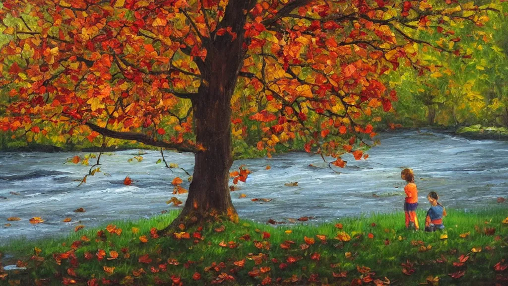 Image similar to A beautiful oil painting of a single tree, the tree is in the rule of thirds, a family is under the tree having a picnic, the kids are playing with the dog at the river while the are splashing the water, the fall has arrived and the leafs started to become golden and red, the river is flowing its way, the river has lots of dark grey rocks, oil painting by Greg Rutkowski