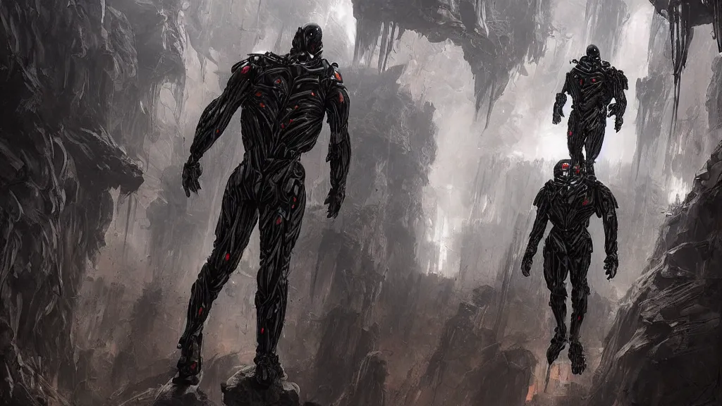 Image similar to a human wearing crysis nanosuit with powerful biological muscle augmentation, head visible, post - apocalyspe settlement with houses, hydroponic farms, cave entrance, at dawn, painted by tsutomu nihei, painted by artgerm and greg rutkowski