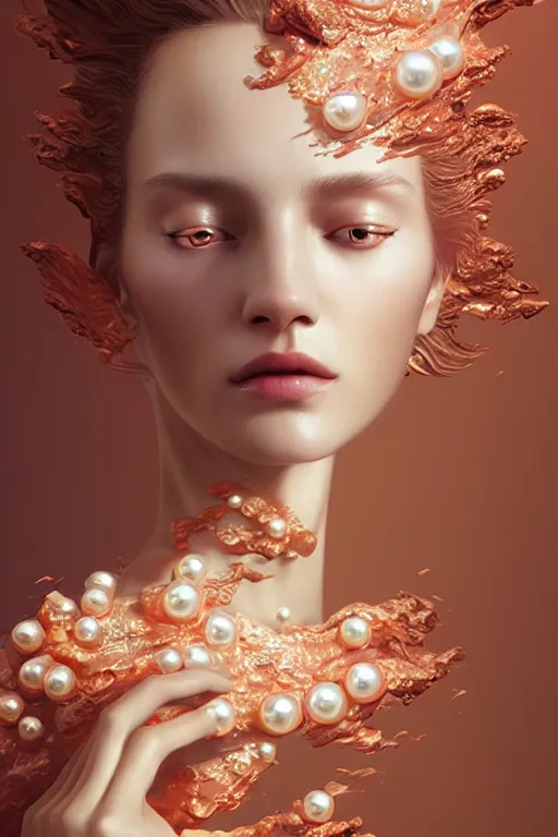 Image similar to 3 d, flowning fashion model, flame, liquid rose gold, pearls, morning, vogue cover style, poster art, high detail, intricate oil painting, multiple exposure, heaven mood, hyperrealism, 3 d, by tooth wu and wlop and beeple and greg rutkowski