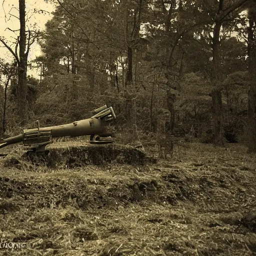 Image similar to film still of a military compound during ww 2 in the forest, big anti aircraft gun between 2 buildings, trenches dug around the perimeter, filmgrain, zeiss lens, redshift, octane, foggy diffused lighting