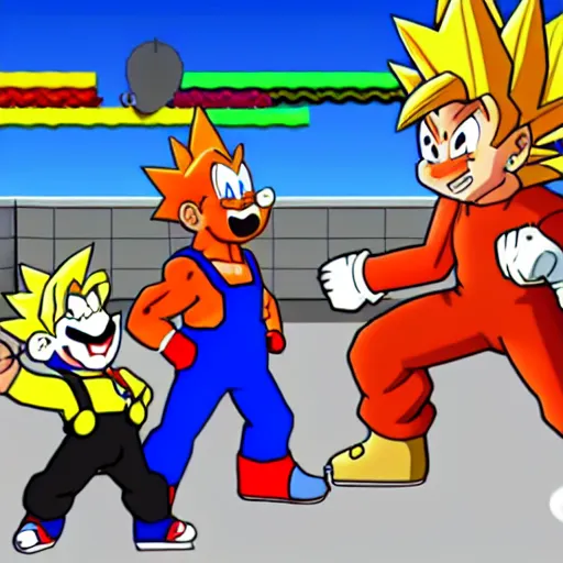 Prompt: goku hitting the whip while walter white and mr. incredible cook uncanny meth in super mario 6 4, official screenshot