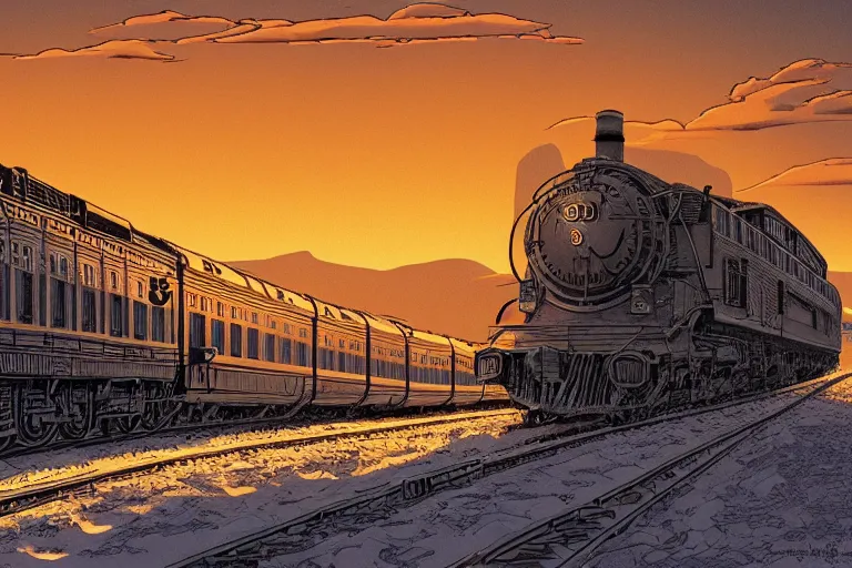 Image similar to trans - siberian express train ultrafine drawing by joe fenton and syd mead and p. craig russell and barry windsor - smith, artstation, 4 k, graphic novel, concept art, matte painting, beautiful russian winter landscape sunset background, golden hour, art nouveau, sharp