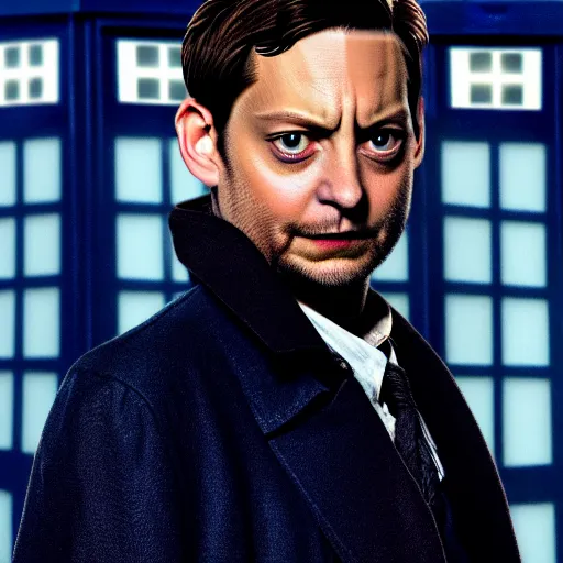 Image similar to tobey maguire as a rough dirty old man with a scruffy beard in a dark blue trenchcoat as the new doctor who, cinematic, volumetric lighting, f 8 aperture, cinematic eastman 5 3 8 4 film, photorealistic