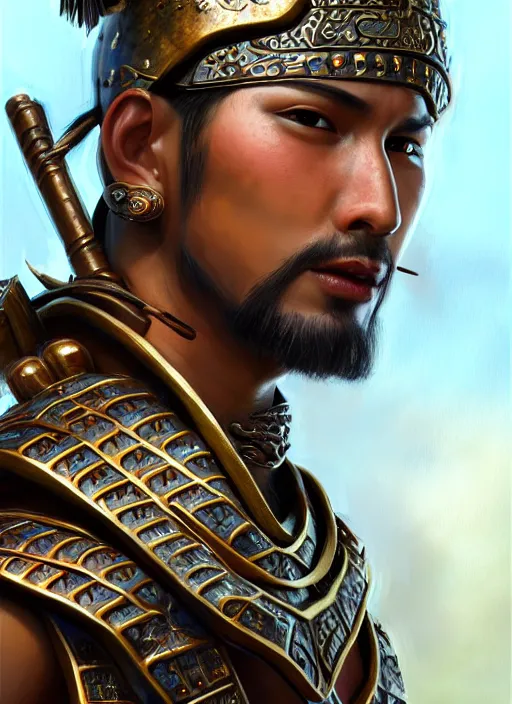 Image similar to smart tai warlord, closeup portrait, historical, ethnic group, traditional tai costume, sukhothai costume, bronze headset, fantasy, intricate, with leather armor cross onbare chest, elegant, loin cloth, highly detailed, oil painting, artstation, concept art, matte, sharp focus, illustration, hearthstone, art by earl norem