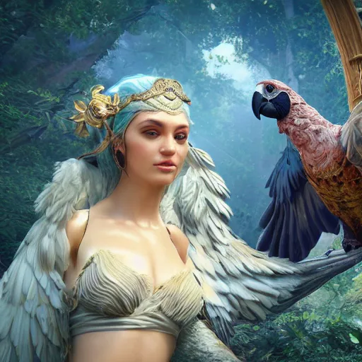 Image similar to a goddess with a big parrot. fantasy magic style. highly detailed 8 k. intricate. lifelike. soft light. sony a 7 r iv 5 5 mm. unreal engine with nanite and path tracing