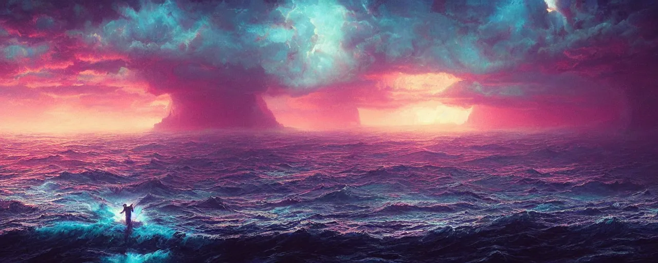 Image similar to ” vast ocean, [ art by paul lehr, cinematic, detailed, epic, widescreen, opening, establishing, mattepainting, photorealistic, realistic textures, octane render ] ”