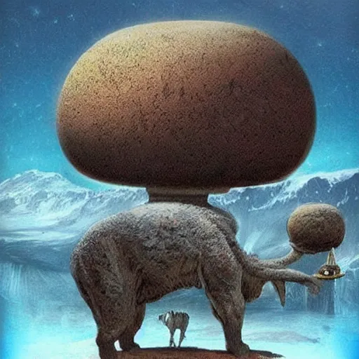 Image similar to ancient civilizations living on a giant and weird animal, beautiful depiction of another world