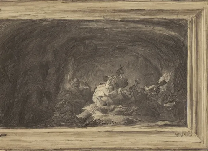 Image similar to Pieter Claesz's 'viewer looking into dark cave and seeing a mother bear and her cubs sleeping', night time, cross hatching, framed