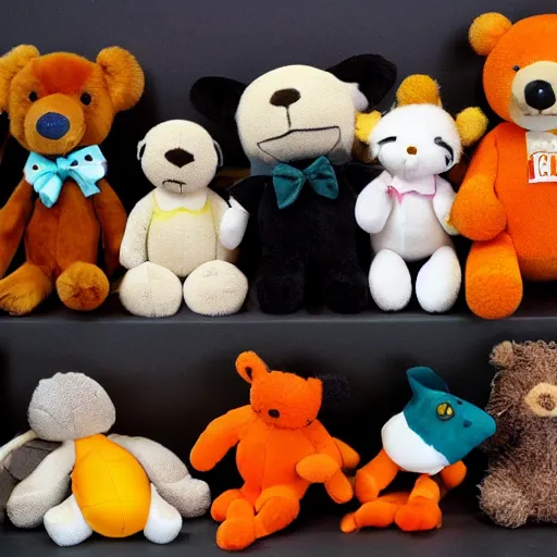 Prompt: a variety of stuffed animals, brown white teal yellow and orange