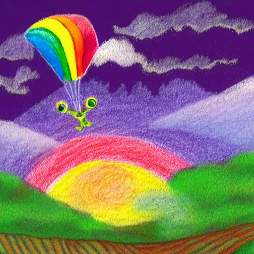 Prompt: crayon illustration of skydiver falling through rainbow, with soft puffy clouds beneath her sprawling over a green valley