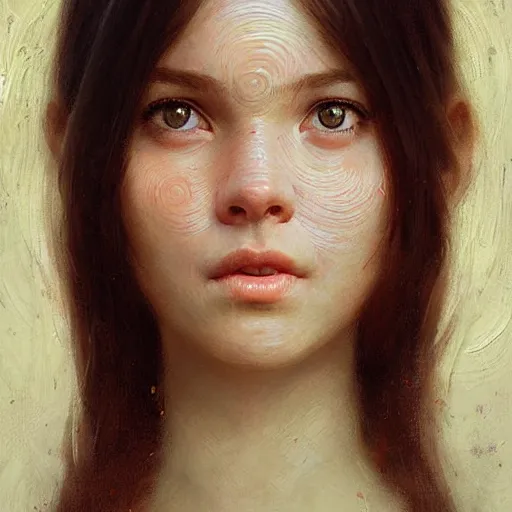 Prompt: Facial portrait of a cute shy girl, looking at the camera, slight awkward smile, lips slightly parted, no hands visible,, intricate, extremely detailed painting by Greg Rutkowski and by Henry Justice Ford and by Steve Henderson and Jean Giraud