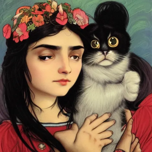 Prompt: cute emo peruvian woman, with long dark hair, thick eyebrows!!! dark eyes and dark circles!, wide nose!!!, big eyes, oval face shape, big cheeks!, she is holding a cat in her arms, by juan villafuerte, greg rutkowski and alphonse mucha, pexels contest winner, high quality photo, hd rtx