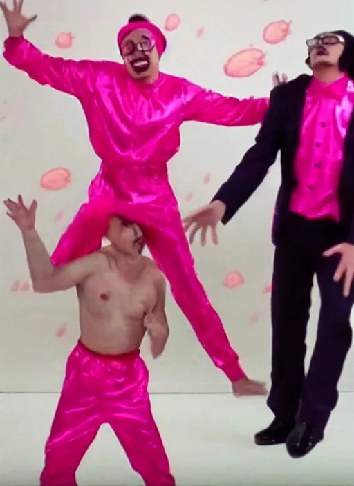 Prompt: goji singing in an scenario while filthy frank dances next to him in a pink outfit