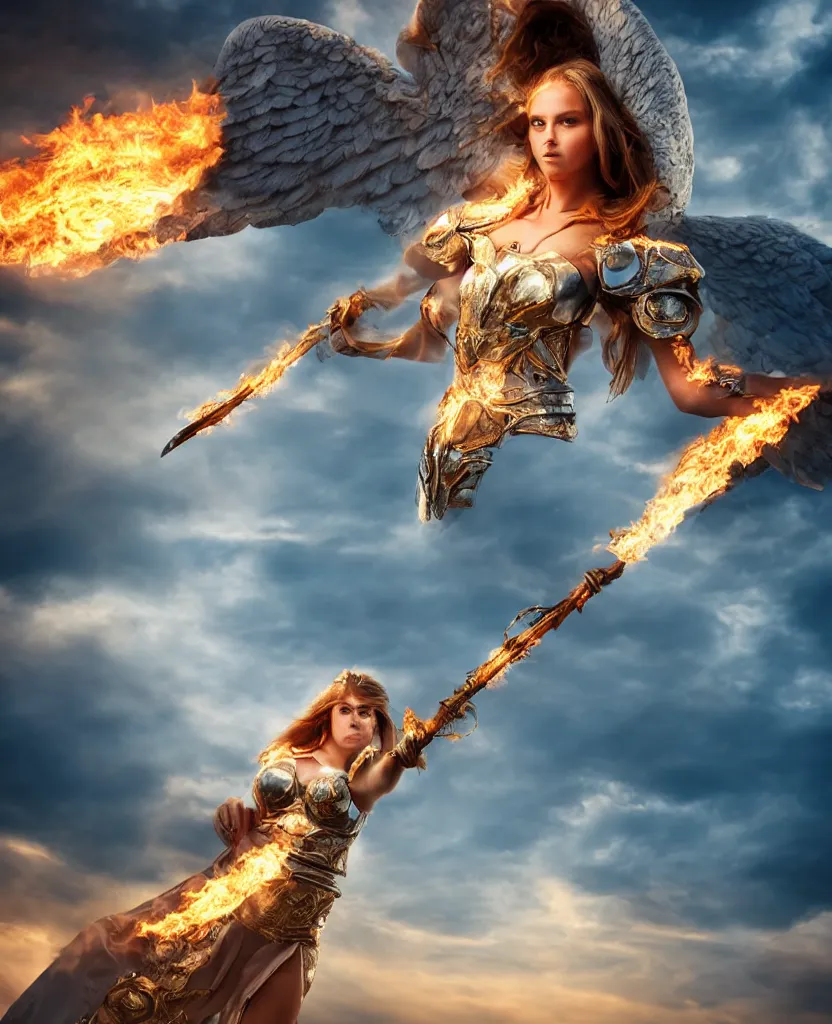 Prompt: Modeling shot of one fiercely beautiful woman in angelic battle armor, wielding a flaming sword, among the clouds, golden hour photography, cinematic, epic, 4k, stylized, realism