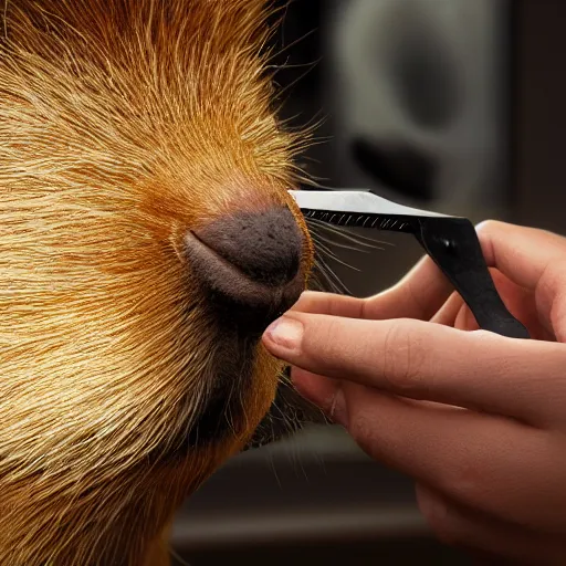 Image similar to a barber cutting the hair of a capybara, close - up shot, digital art, trending on artstation, matte painting